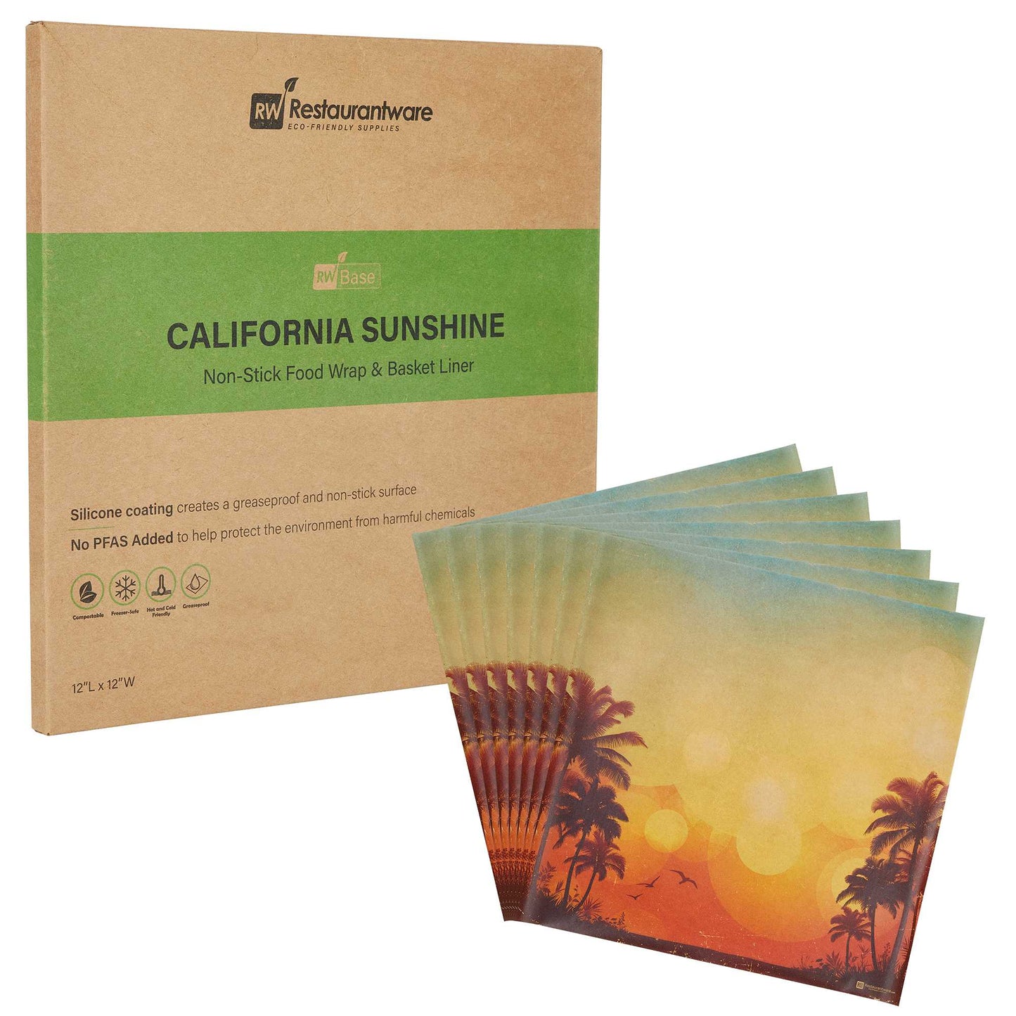 Chef 101 No PFAS Added Kraft Paper Food Wrap and Basket Liner - California Sunshine, Greaseproof, Compostable - 12" x 12" - 2000 count box