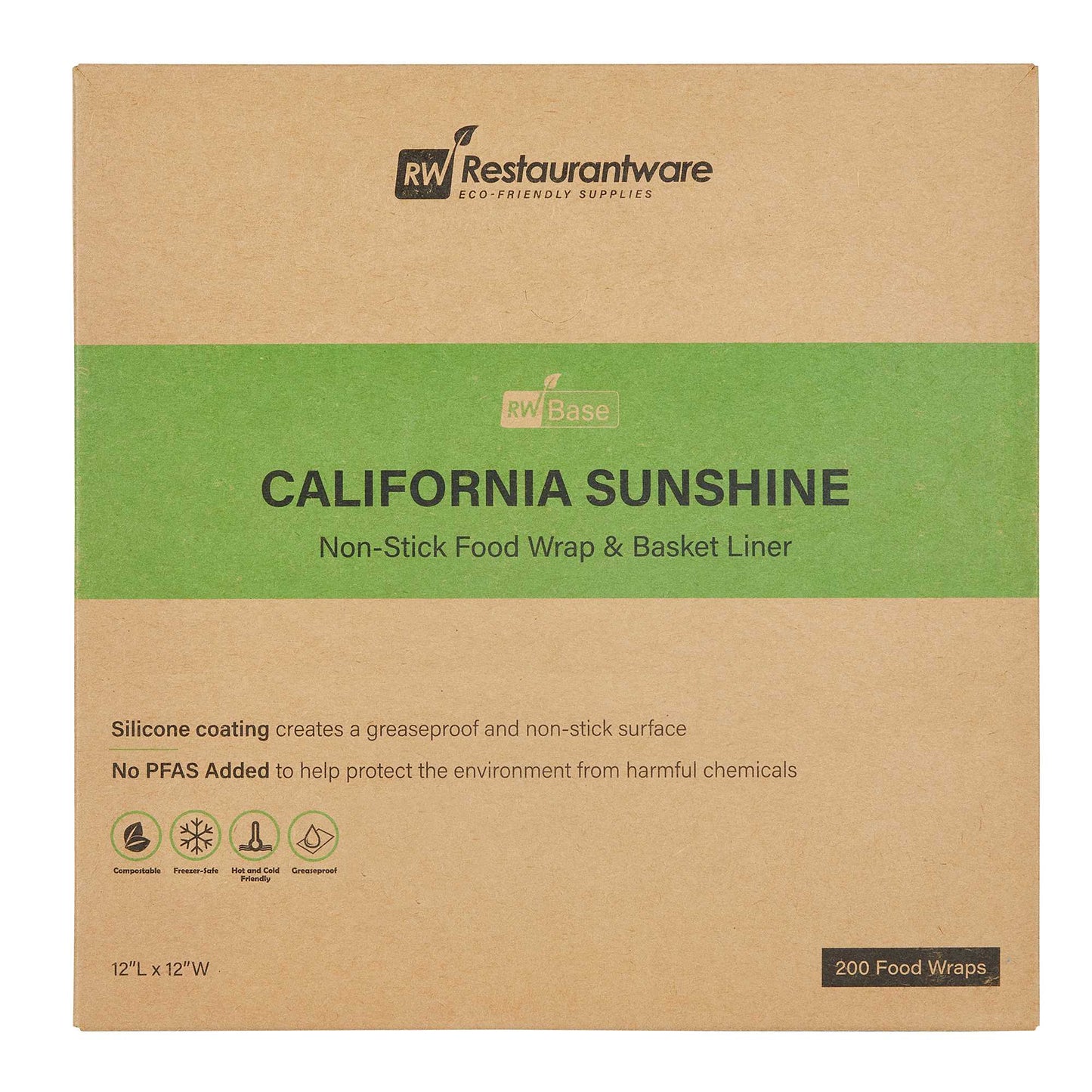 Chef 101 No PFAS Added Kraft Paper Food Wrap and Basket Liner - California Sunshine, Greaseproof, Compostable - 12" x 12" - 2000 count box