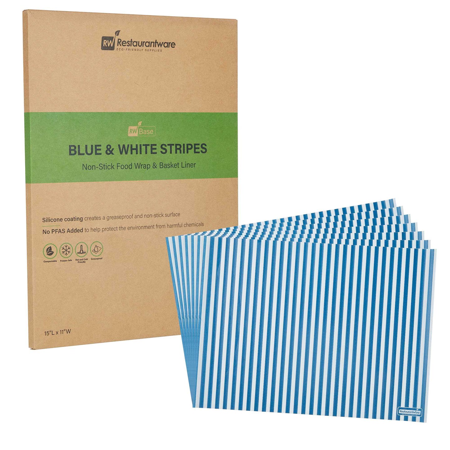 Chef 101 No PFAS Added Blue and White Stripe Paper Food Wrap and Basket Liner - Greaseproof - 15" x 11" - 200 count box