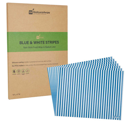 Chef 101 No PFAS Added Blue and White Stripe Paper Food Wrap and Basket Liner - Greaseproof - 15" x 11" - 200 count box