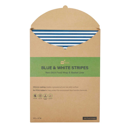 Chef 101 No PFAS Added Blue and White Stripe Paper Food Wrap and Basket Liner - Greaseproof - 15" x 11" - 200 count box