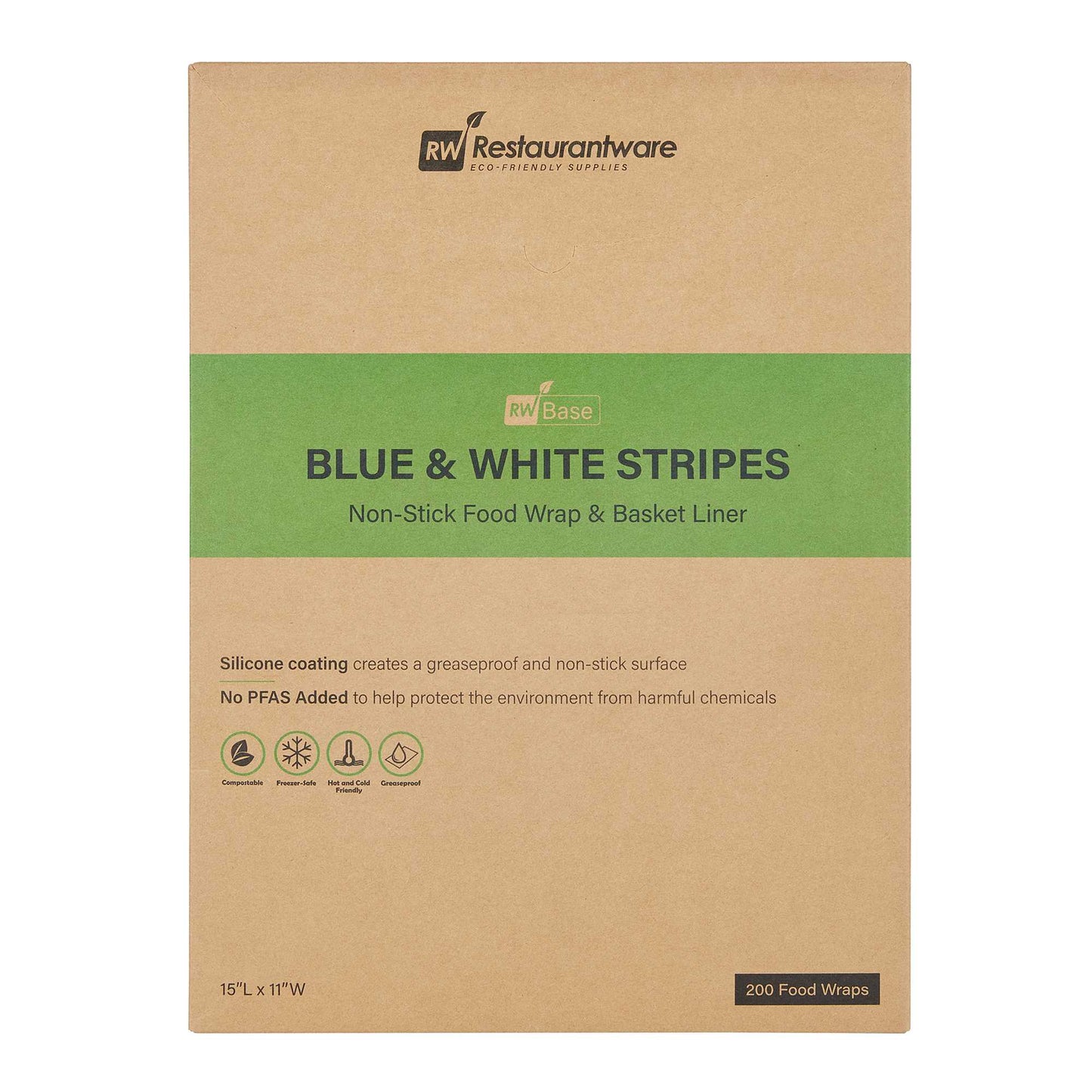 Chef 101 No PFAS Added Blue and White Stripe Paper Food Wrap and Basket Liner - Greaseproof - 15" x 11" - 200 count box