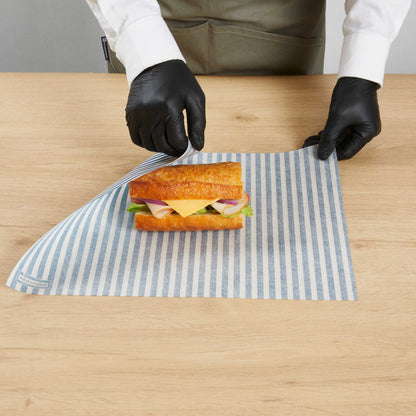 Chef 101 No PFAS Added Blue and White Stripe Paper Food Wrap and Basket Liner - Greaseproof - 15" x 11" - 200 count box
