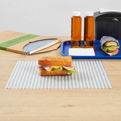 Chef 101 No PFAS Added Blue and White Stripe Paper Food Wrap and Basket Liner - Greaseproof - 15" x 11" - 200 count box