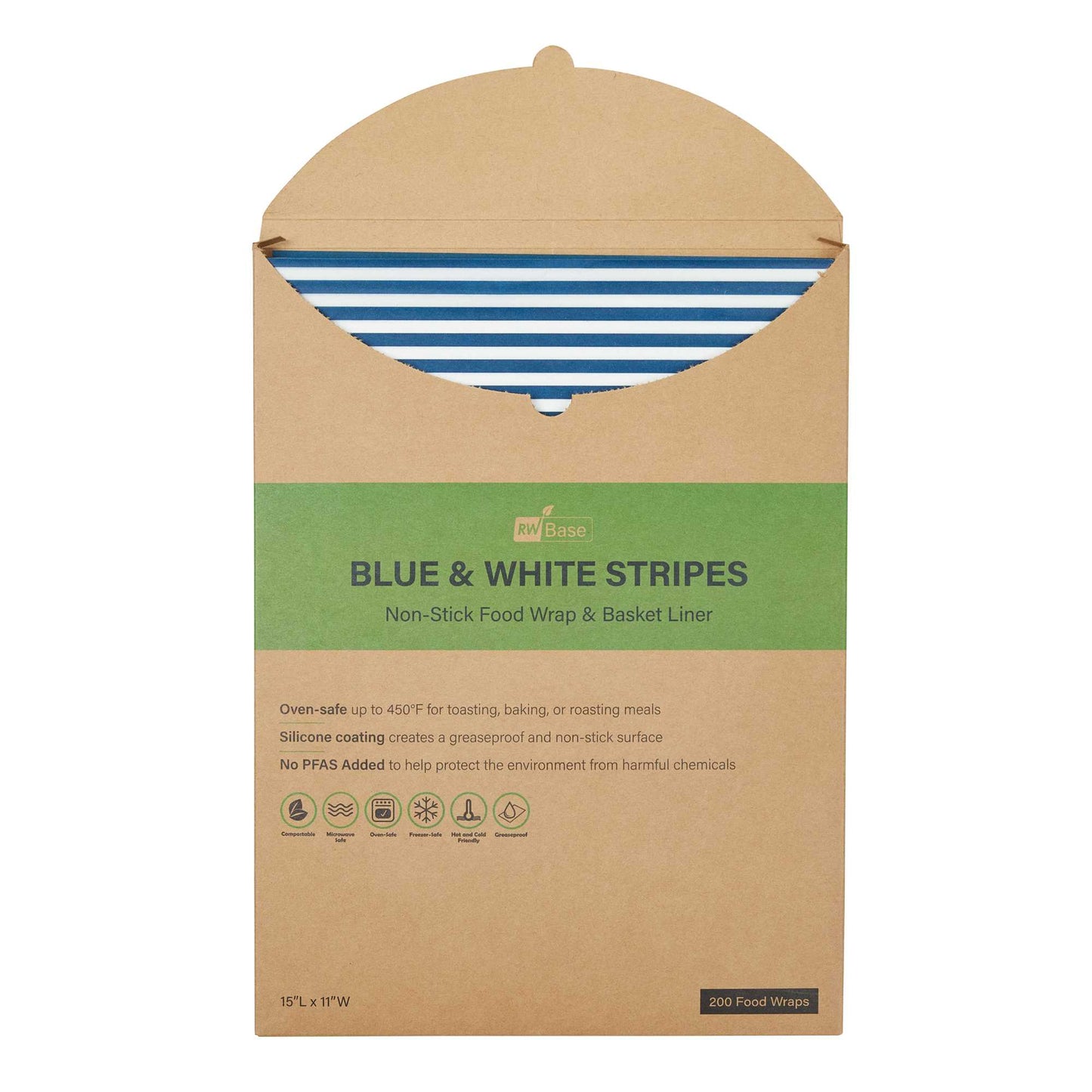 Chef 101 No PFAS Added Blue and White Stripe Paper Food Wrap and Basket Liner - Greaseproof - 15" x 11" - 2000 count box