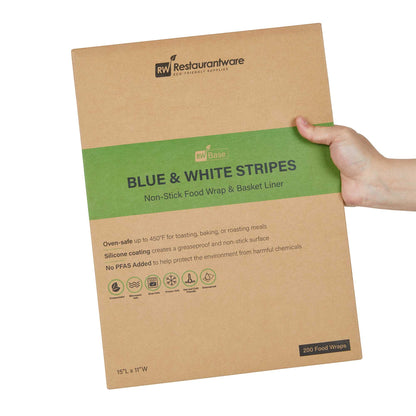 Chef 101 No PFAS Added Blue and White Stripe Paper Food Wrap and Basket Liner - Greaseproof - 15" x 11" - 2000 count box