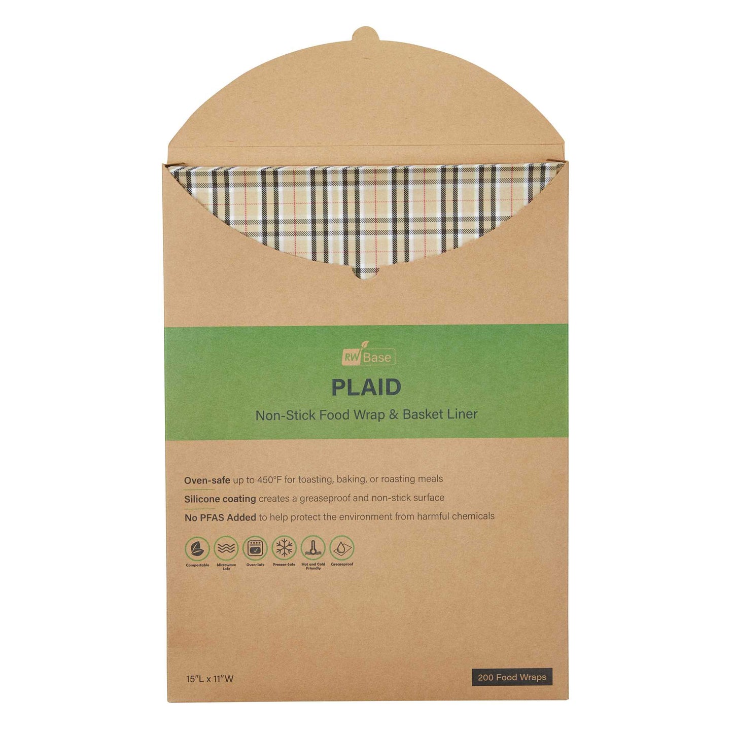 Chef 101 No PFAS Added Plaid Paper Food Wrap and Basket Liner - Greaseproof, Compostable - 15" x 11" - 2000 count box