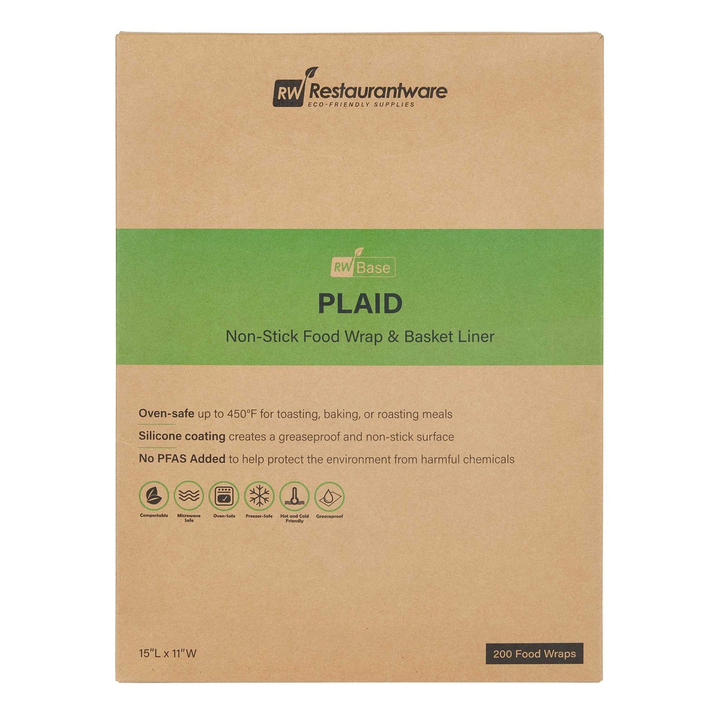 Chef 101 No PFAS Added Plaid Paper Food Wrap and Basket Liner - Greaseproof, Compostable - 15" x 11" - 2000 count box