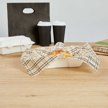 Chef 101 No PFAS Added Plaid Paper Food Wrap and Basket Liner - Greaseproof, Compostable - 15" x 11" - 2000 count box