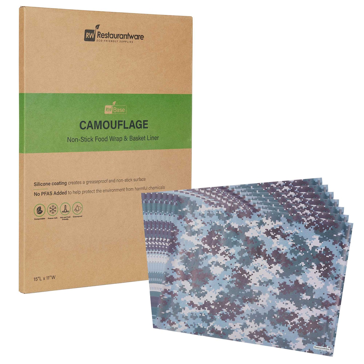 Chef 101 No PFAS Added Camouflage Paper Food Wrap and Basket Liner - Greaseproof, Compostable - 15" x 11" - 2000 count box