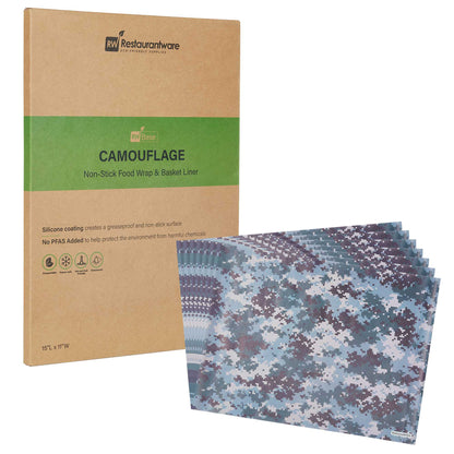 Chef 101 No PFAS Added Camouflage Paper Food Wrap and Basket Liner - Greaseproof, Compostable - 15" x 11" - 2000 count box