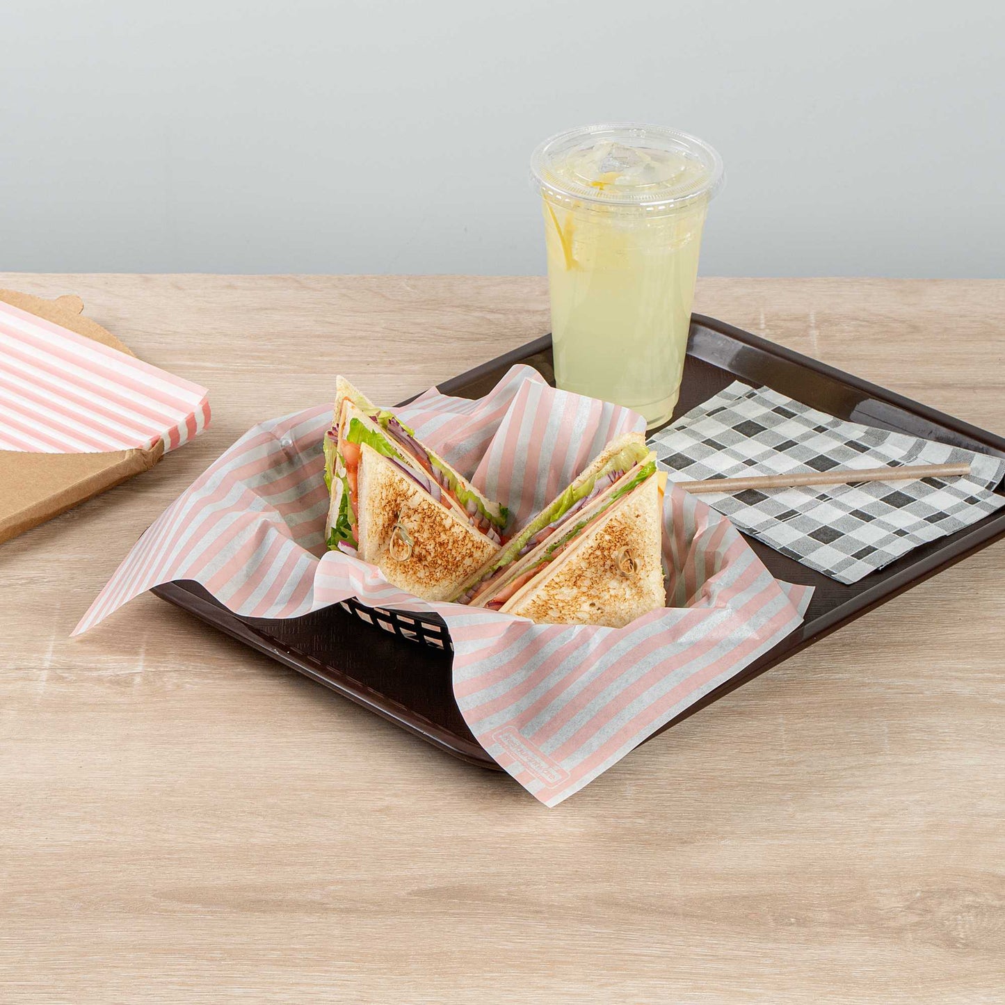 Chef 101 No PFAS Added Pink and White Stripe Paper Food Wrap and Basket Liner - Greaseproof, Compostable - 15" x 11" - 200 count box
