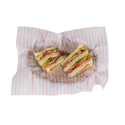 Chef 101 No PFAS Added Pink and White Stripe Paper Food Wrap and Basket Liner - Greaseproof, Compostable - 15" x 11" - 200 count box