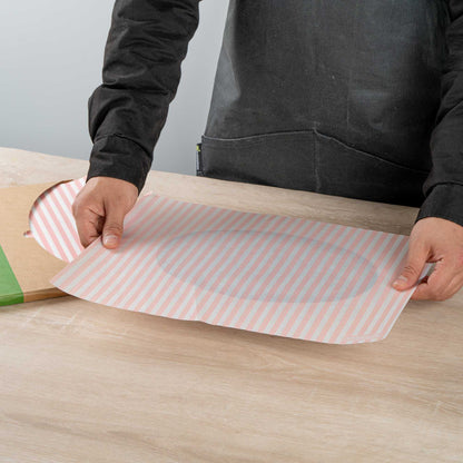 Chef 101 No PFAS Added Pink and White Stripe Paper Food Wrap and Basket Liner - Greaseproof, Compostable - 15" x 11" - 200 count box