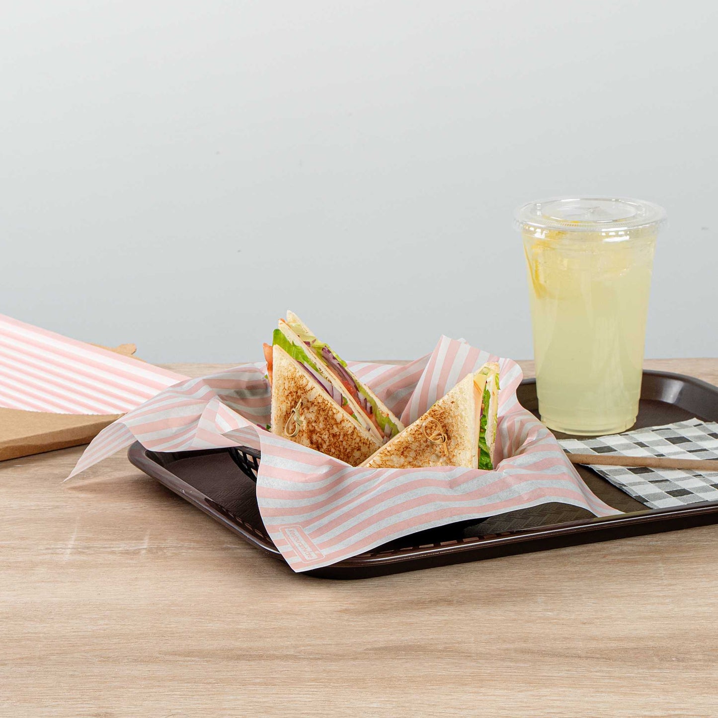 Chef 101 No PFAS Added Pink and White Stripe Paper Food Wrap and Basket Liner - Greaseproof, Compostable - 15" x 11" - 200 count box