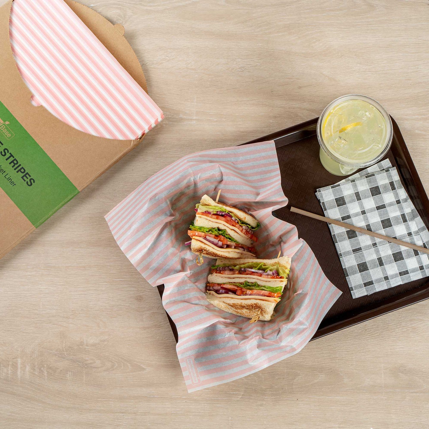Chef 101 No PFAS Added Pink and White Stripe Paper Food Wrap and Basket Liner - Greaseproof, Compostable - 15" x 11" - 200 count box