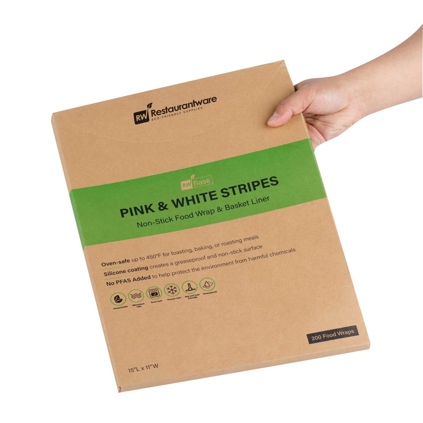 Chef 101 No PFAS Added Pink and White Stripe Paper Food Wrap and Basket Liner - Greaseproof, Compostable - 15" x 11" - 2000 count box