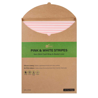 Chef 101 No PFAS Added Pink and White Stripe Paper Food Wrap and Basket Liner - Greaseproof, Compostable - 15" x 11" - 2000 count box