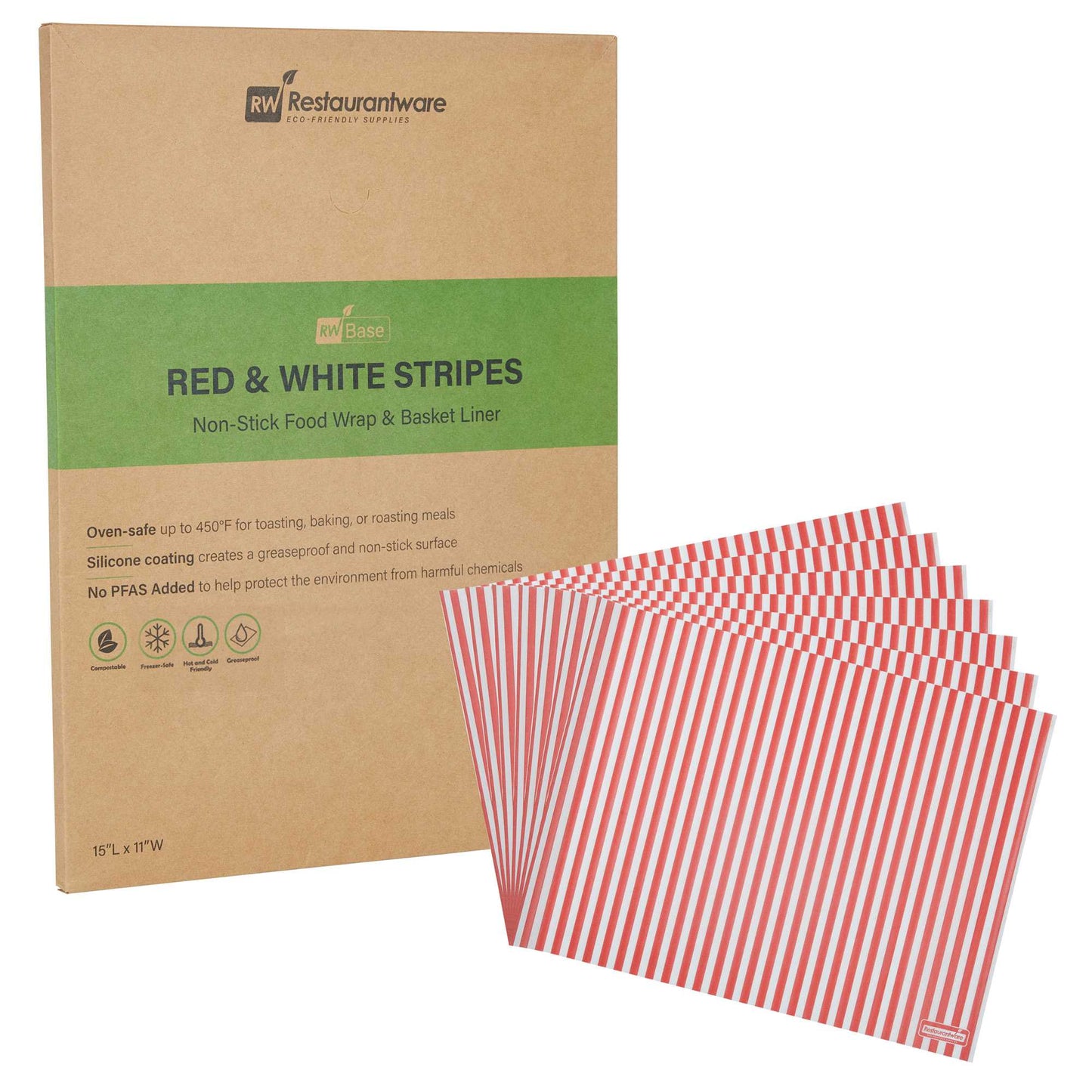 Chef 101 No PFAS Added Red and White Stripe Paper Food Wrap and Basket Liner - Greaseproof, Compostable - 15" x 11" - 200 count box