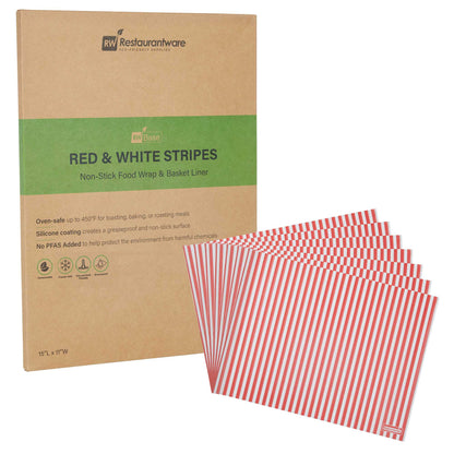 Chef 101 No PFAS Added Red and White Stripe Paper Food Wrap and Basket Liner - Greaseproof, Compostable - 15" x 11" - 200 count box