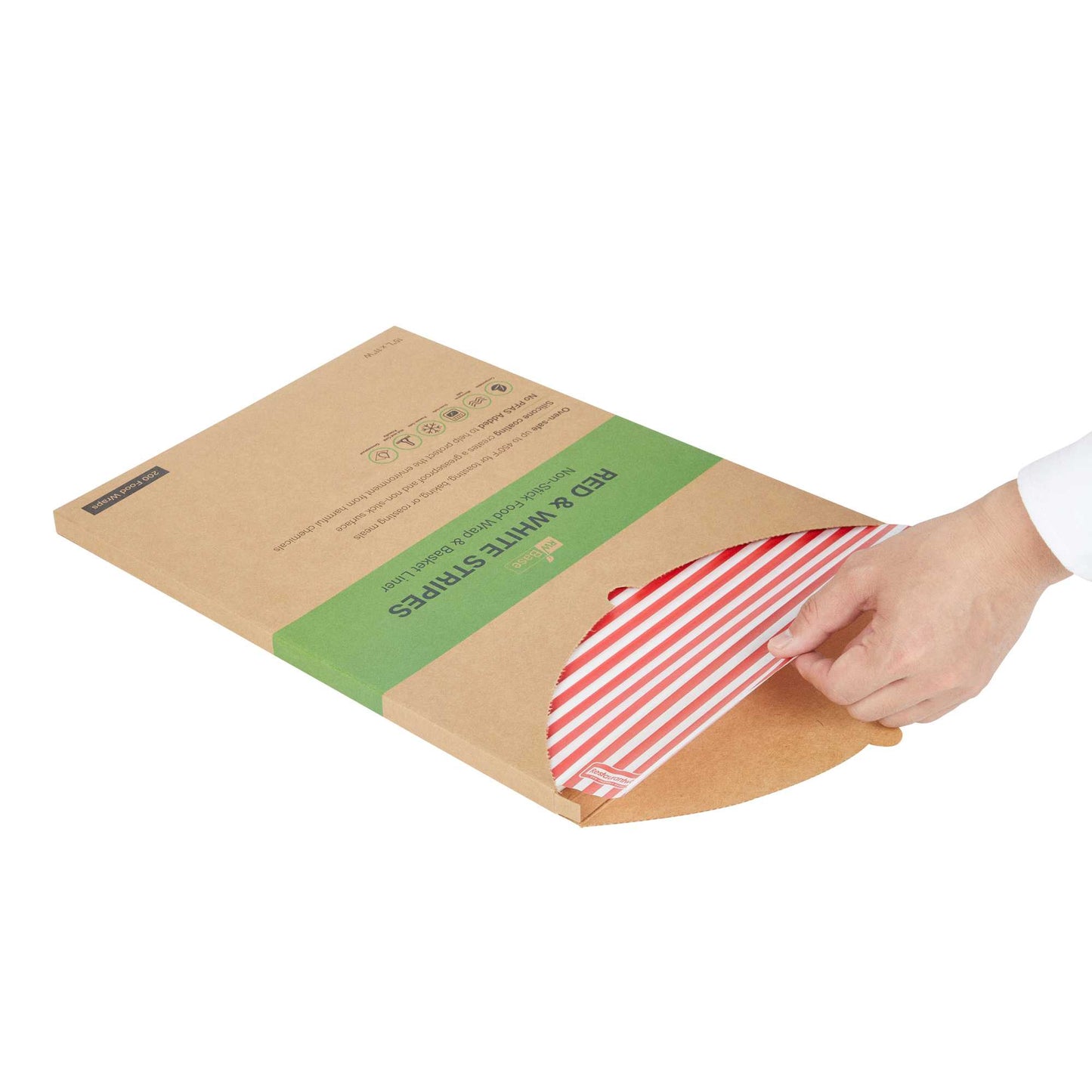 Chef 101 No PFAS Added Red and White Stripe Paper Food Wrap and Basket Liner - Greaseproof, Compostable - 15" x 11" - 200 count box