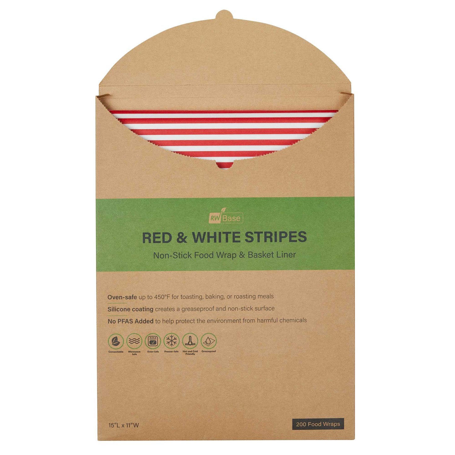 Chef 101 No PFAS Added Red and White Stripe Paper Food Wrap and Basket Liner - Greaseproof, Compostable - 15" x 11" - 200 count box