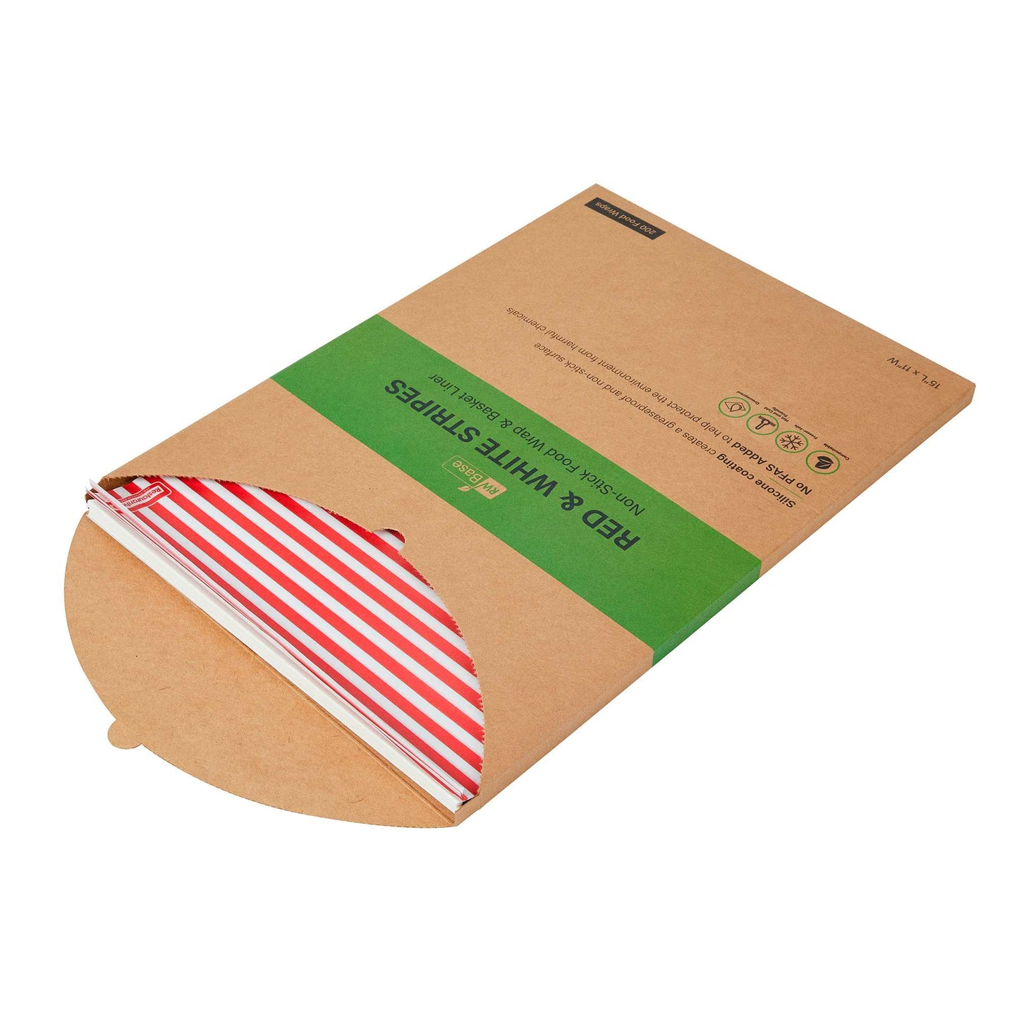 Chef 101 No PFAS Added Red and White Stripe Paper Food Wrap and Basket Liner - Greaseproof, Compostable - 15" x 11" - 200 count box
