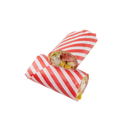 Chef 101 No PFAS Added Red and White Stripe Paper Food Wrap and Basket Liner - Greaseproof, Compostable - 15" x 11" - 200 count box