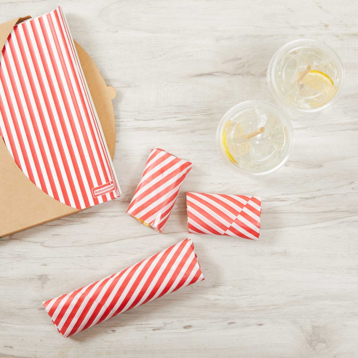 Chef 101 No PFAS Added Red and White Stripe Paper Food Wrap and Basket Liner - Greaseproof, Compostable - 15" x 11" - 200 count box