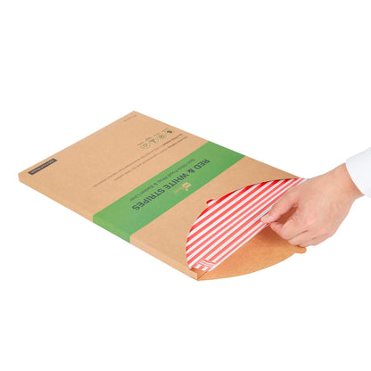 Chef 101 No PFAS Added Red and White Stripe Paper Food Wrap and Basket Liner - Greaseproof, Compostable - 15" x 11" - 2000 count box
