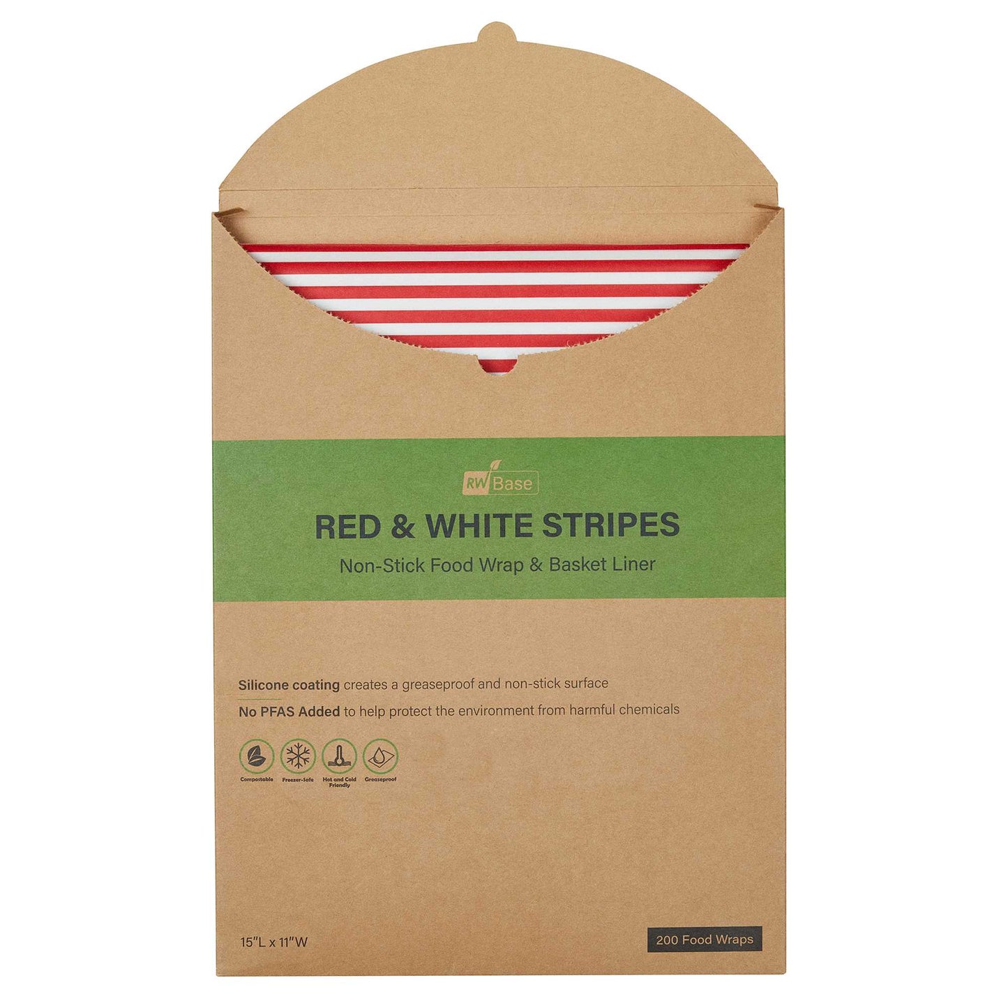 Chef 101 No PFAS Added Red and White Stripe Paper Food Wrap and Basket Liner - Greaseproof, Compostable - 15" x 11" - 2000 count box