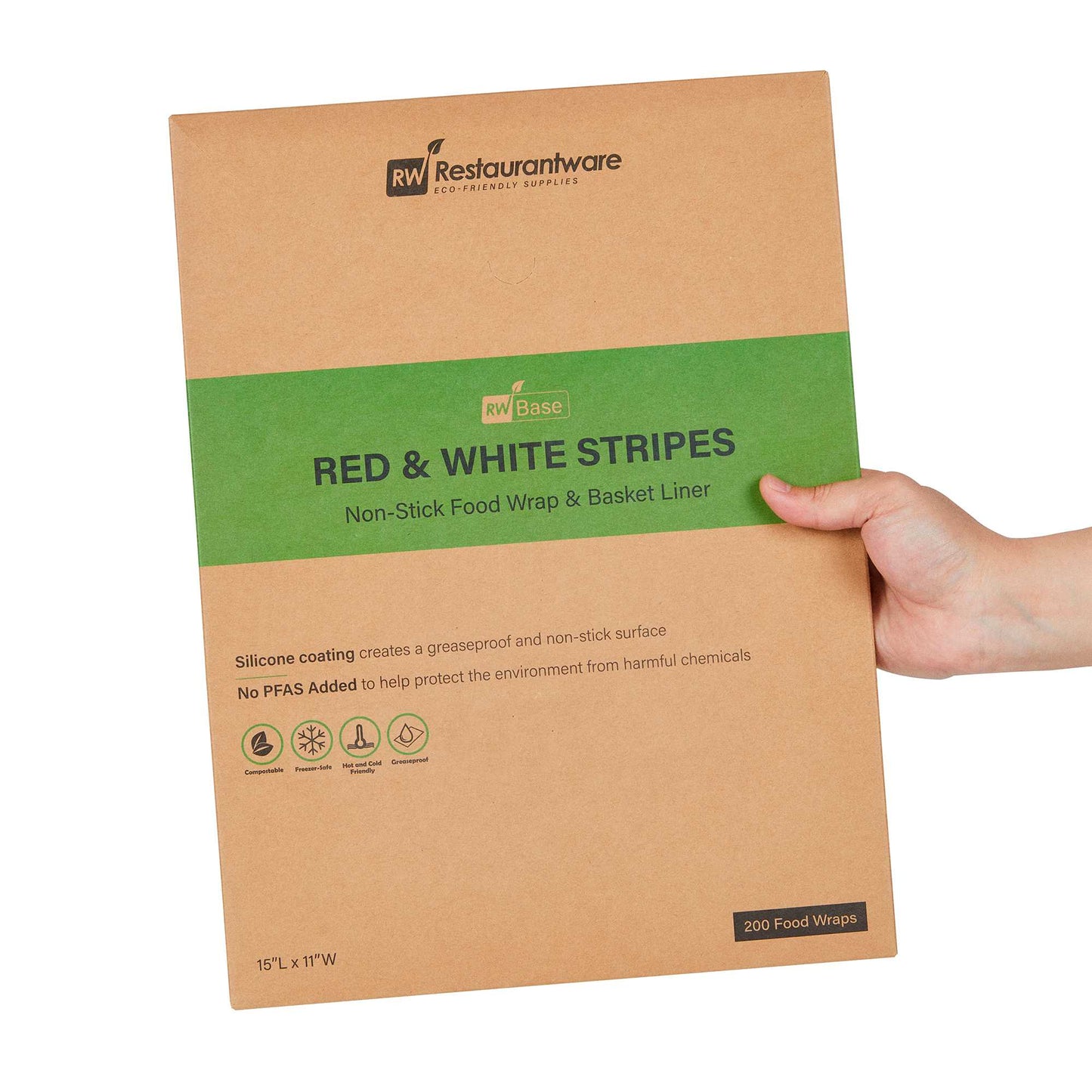 Chef 101 No PFAS Added Red and White Stripe Paper Food Wrap and Basket Liner - Greaseproof, Compostable - 15" x 11" - 2000 count box