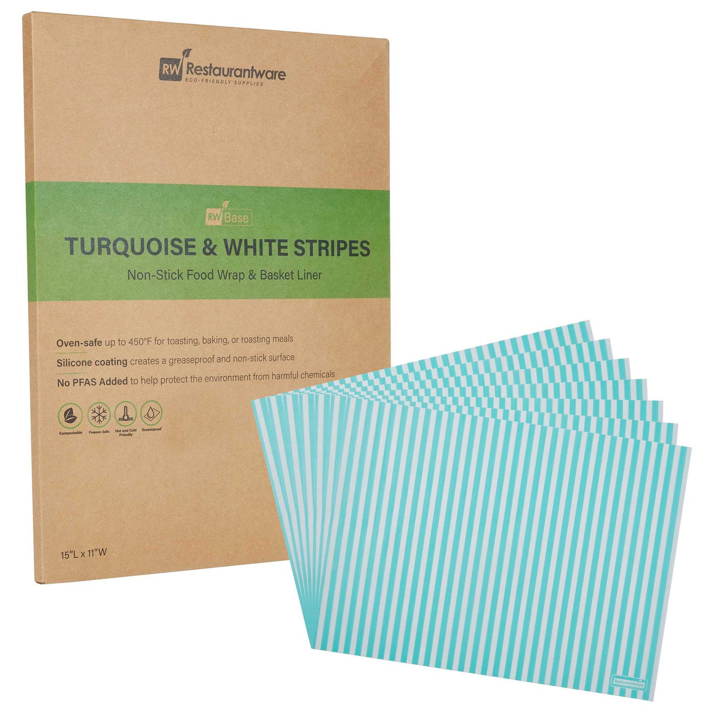 Chef 101 No PFAS Added Turquoise and White Stripe Paper Food Wrap and Basket Liner - Greaseproof, Compostable - 15" x 11" - 2000 count box