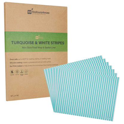Chef 101 No PFAS Added Turquoise and White Stripe Paper Food Wrap and Basket Liner - Greaseproof, Compostable - 15" x 11" - 2000 count box