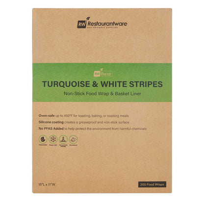 Chef 101 No PFAS Added Turquoise and White Stripe Paper Food Wrap and Basket Liner - Greaseproof, Compostable - 15" x 11" - 200 count box