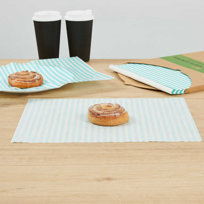Chef 101 No PFAS Added Turquoise and White Stripe Paper Food Wrap and Basket Liner - Greaseproof, Compostable - 15" x 11" - 200 count box