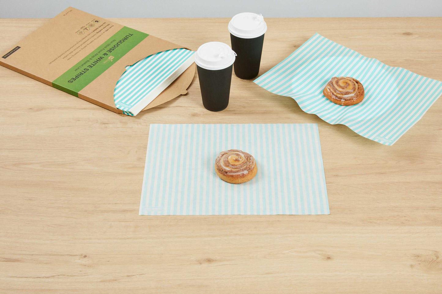 Chef 101 No PFAS Added Turquoise and White Stripe Paper Food Wrap and Basket Liner - Greaseproof, Compostable - 15" x 11" - 2000 count box