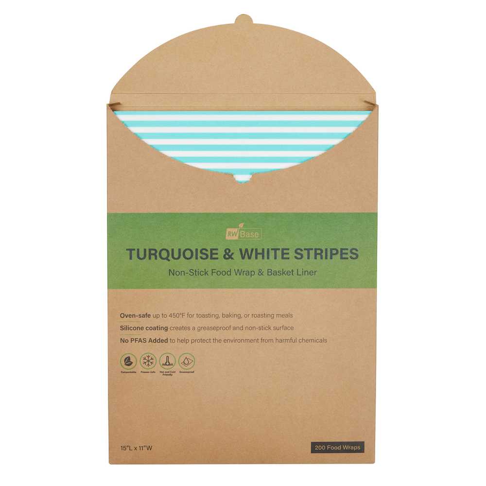 Chef 101 No PFAS Added Turquoise and White Stripe Paper Food Wrap and Basket Liner - Greaseproof, Compostable - 15" x 11" - 2000 count box