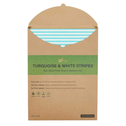 Chef 101 No PFAS Added Turquoise and White Stripe Paper Food Wrap and Basket Liner - Greaseproof, Compostable - 15" x 11" - 2000 count box