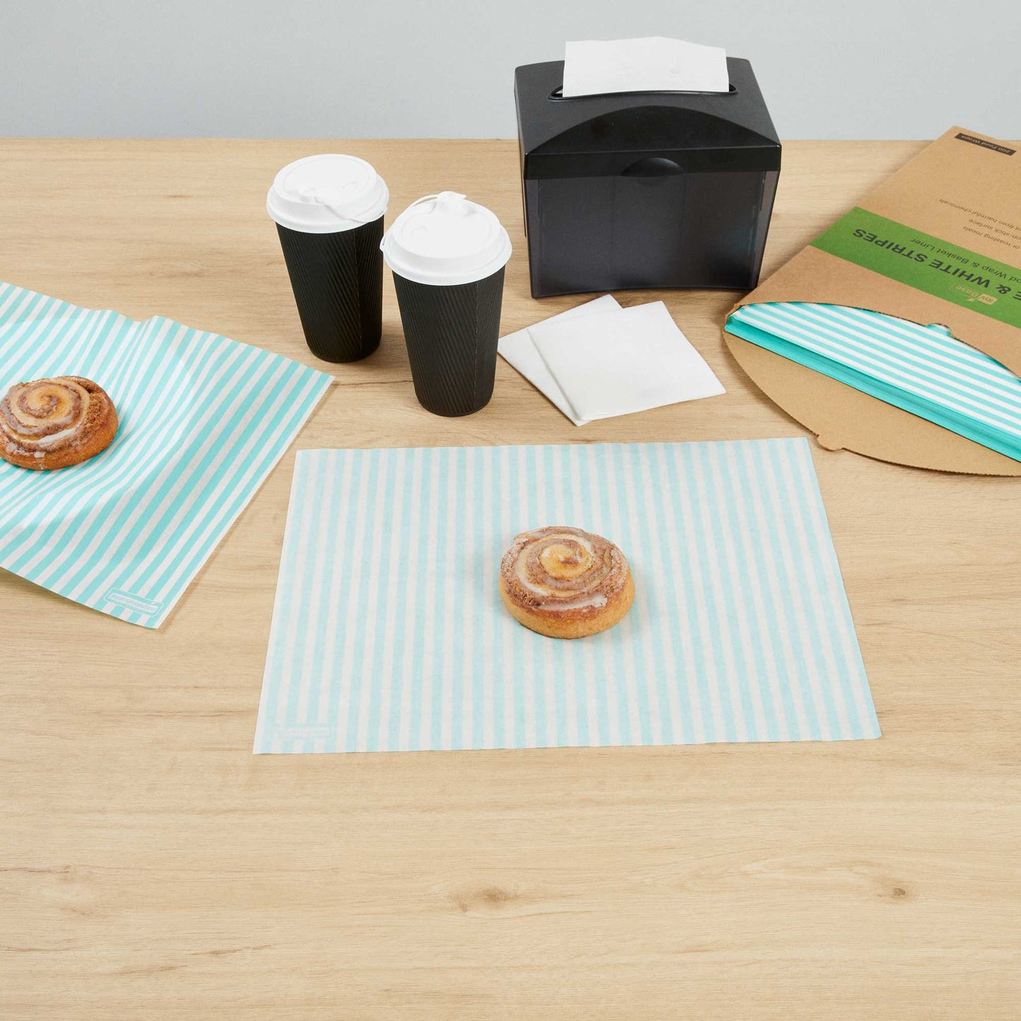 Chef 101 No PFAS Added Turquoise and White Stripe Paper Food Wrap and Basket Liner - Greaseproof, Compostable - 15" x 11" - 2000 count box