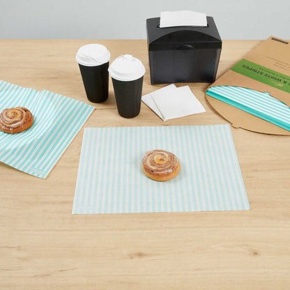 Chef 101 No PFAS Added Turquoise and White Stripe Paper Food Wrap and Basket Liner - Greaseproof, Compostable - 15" x 11" - 2000 count box