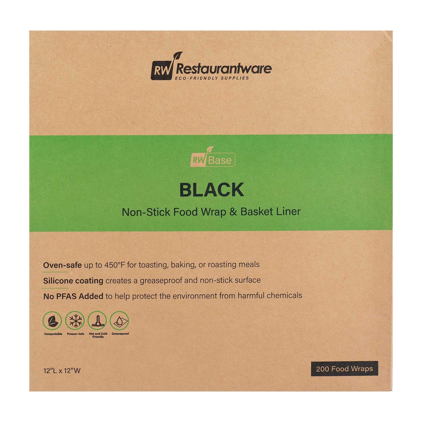 Chef 101 No PFAS Added Black Paper Bakery Wrap and Basket Liner - Greaseproof - 12" x 12" - 200 count box