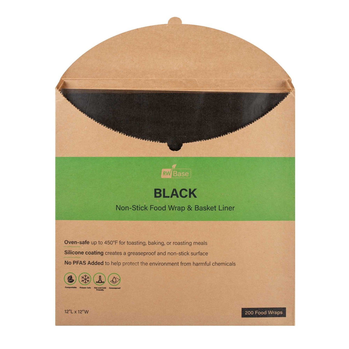 Chef 101 No PFAS Added Black Paper Bakery Wrap and Basket Liner - Greaseproof - 12" x 12" - 200 count box