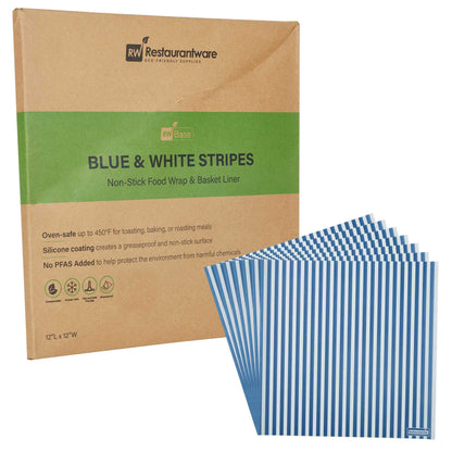 Chef 101 No PFAS Added Blue and White Stripe Paper Bakery Wrap and Basket Liner - Greaseproof - 12" x 12" - 200 count box
