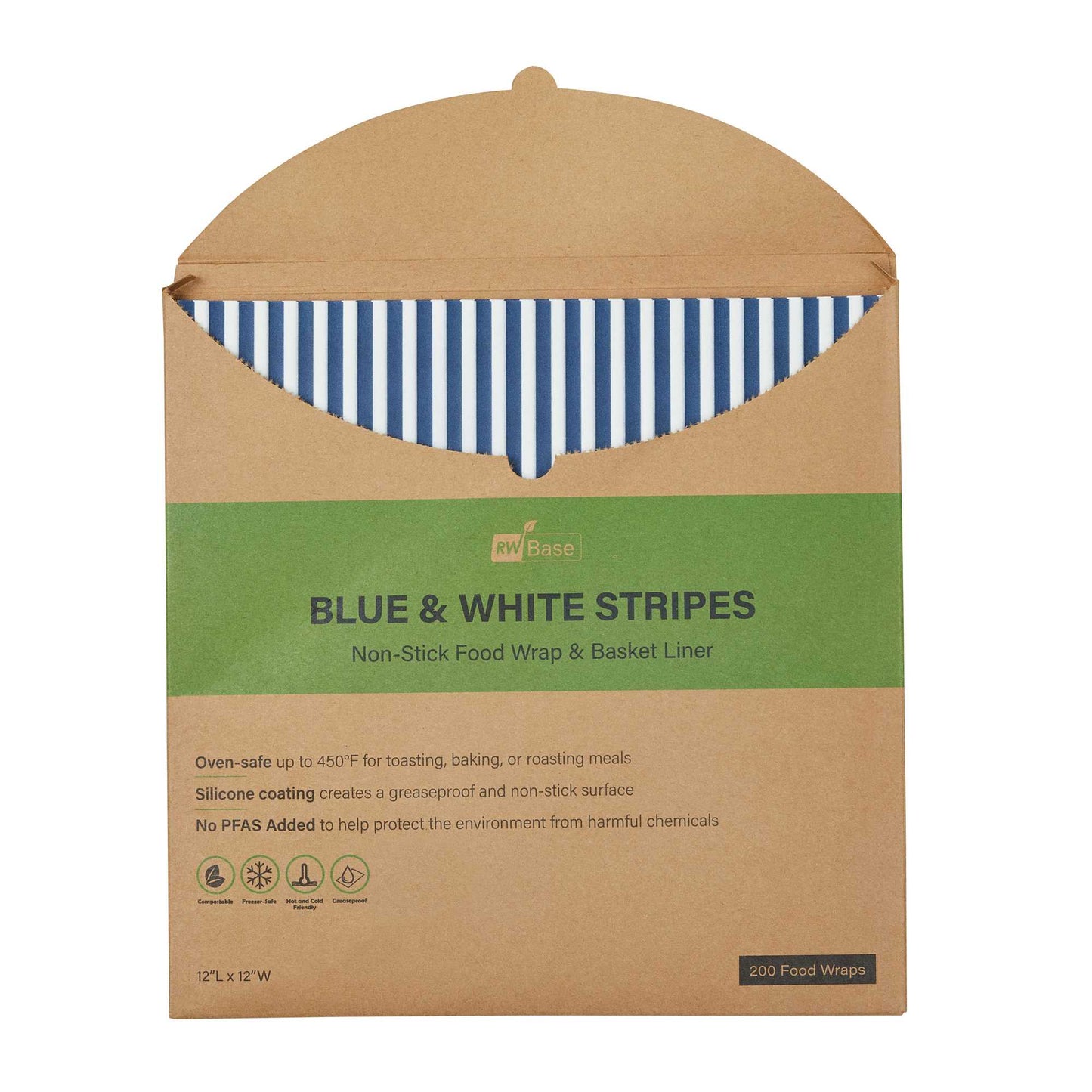 Chef 101 No PFAS Added Blue and White Stripe Paper Bakery Wrap and Basket Liner - Greaseproof - 12" x 12" - 200 count box