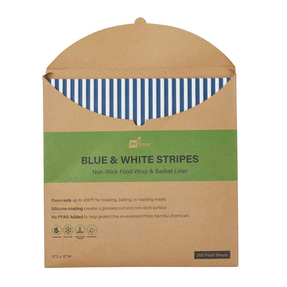 Chef 101 No PFAS Added Blue and White Stripe Paper Bakery Wrap and Basket Liner - Greaseproof - 12" x 12" - 200 count box