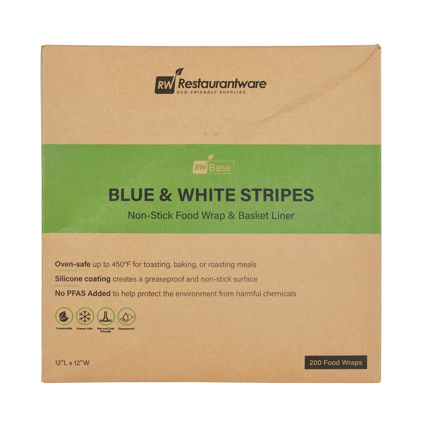 Chef 101 No PFAS Added Blue and White Stripe Paper Bakery Wrap and Basket Liner - Greaseproof - 12" x 12" - 200 count box