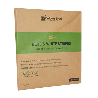 Chef 101 No PFAS Added Blue and White Stripe Paper Bakery Wrap and Basket Liner - Greaseproof - 12" x 12" - 200 count box