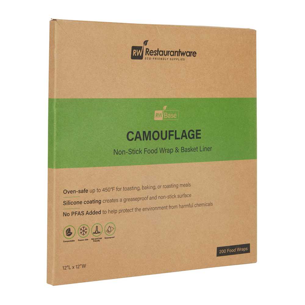 Chef 101 No PFAS Added Camouflage Paper Bakery Wrap and Basket Liner - Greaseproof - 12" x 12" - 200 count box