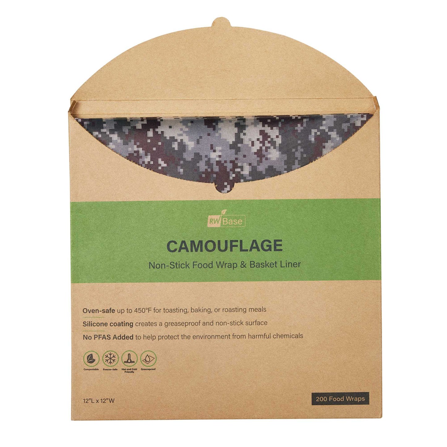 Chef 101 No PFAS Added Camouflage Paper Bakery Wrap and Basket Liner - Greaseproof - 12" x 12" - 2000 count box